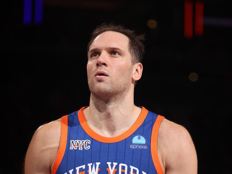 NEW YORK, NY - FEBRUARY 24: Bojan Bogdanovic #44 of the New York Knicks dribbles the ball during the game against the Boston Celtics on February 24, 2024 at Madison Square Garden in New York City, New York.  NOTE TO USER: User expressly acknowledges and agrees that, by downloading and or using this photograph, User is consenting to the terms and conditions of the Getty Images License Agreement. Mandatory Copyright Notice: Copyright 2024 NBAE  (Photo by Nathaniel S. Butler/NBAE via Getty Images)