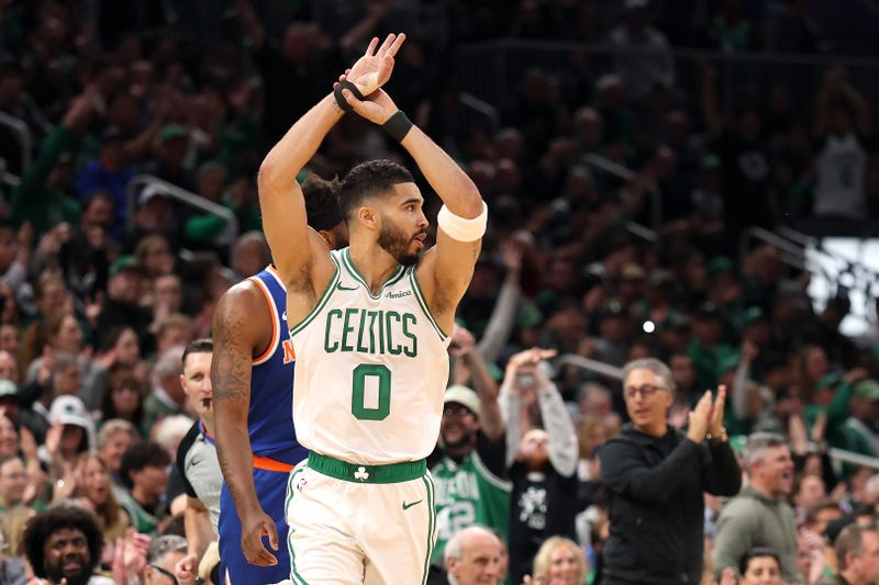 BOSTON, MASSACHUSETTS - MAY 05: Jayson Tatum #0 of the Boston Celtics reacts against the New York Knicks during the first quarter in Game One of the Eastern Conference Second Round NBA Playoffs at TD Garden on May 05, 2025 in Boston, Massachusetts. NOTE TO USER: User expressly acknowledges and agrees that, by downloading and or using this photograph, User is consenting to the terms and conditions of the Getty Images License Agreement. (Photo by Maddie Meyer/Getty Images)