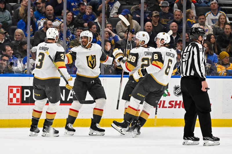 Dec 6, 2023; St. Louis, Missouri, USA;  Vegas Golden Knights right wing Keegan Kolesar (55) celebrates with teammates after scoring against the St. Louis Blues during the second period at Enterprise Center. Mandatory Credit: Jeff Curry-USA TODAY Sports