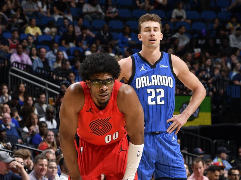 ORLANDO, FL - APRIL 1: Scoot Henderson #00 of the Portland Trail Blazers looks on during the game against the Orlando Magic on April 1, 2024 at Kia Center in Orlando, Florida. NOTE TO USER: User expressly acknowledges and agrees that, by downloading and or using this photograph, User is consenting to the terms and conditions of the Getty Images License Agreement. Mandatory Copyright Notice: Copyright 2024 NBAE (Photo by Fernando Medina/NBAE via Getty Images)