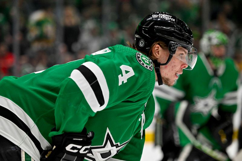 Apr 3, 2023; Dallas, Texas, USA; Dallas Stars defenseman Miro Heiskanen (4) waits for the face-off during the first period against the Nashville Predators at the American Airlines Center. Mandatory Credit: Jerome Miron-USA TODAY Sports