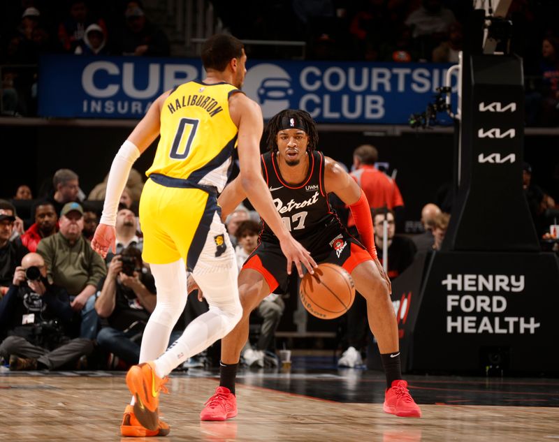 DETROIT, MI - MARCH 20: Stanley Umude #17 of the Detroit Pistons plays defense against the Indiana Pacers on March 20, 2024 at Little Caesars Arena in Detroit, Michigan. NOTE TO USER: User expressly acknowledges and agrees that, by downloading and/or using this photograph, User is consenting to the terms and conditions of the Getty Images License Agreement. Mandatory Copyright Notice: Copyright 2024 NBAE (Photo by Brian Sevald/NBAE via Getty Images)