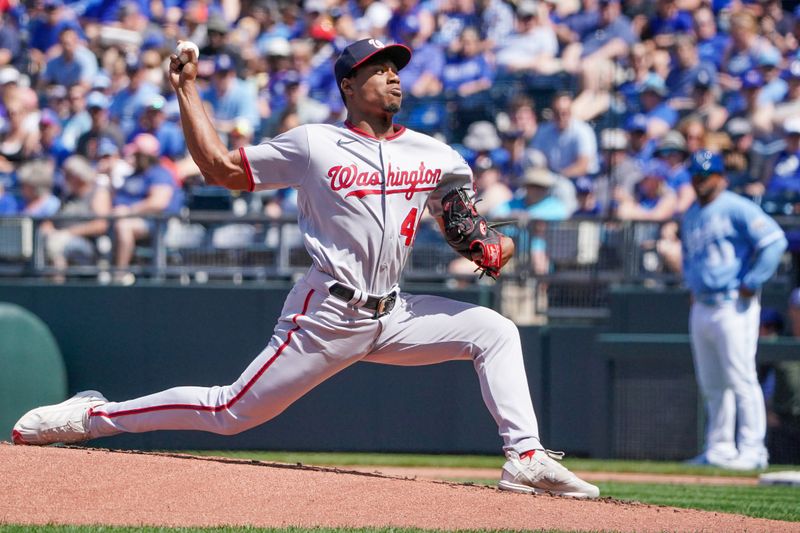 May 27, 2023; Kansas City, Missouri, USA; Washington Nationals starting pitcher Josiah Gray (40) delivers a pitch against the Kansas City Royals in the first inning at Kauffman Stadium. Mandatory Credit: Denny Medley-USA TODAY Sports