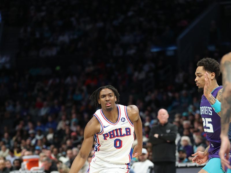 CHARLOTTE, NC - JANUARY 20:  Tyrese Maxey #0 of the Philadelphia 76ers goes to the basket during the game on January 20, 2024 at Spectrum Center in Charlotte, North Carolina. NOTE TO USER: User expressly acknowledges and agrees that, by downloading and or using this photograph, User is consenting to the terms and conditions of the Getty Images License Agreement.  Mandatory Copyright Notice:  Copyright 2024 NBAE (Photo by Brock Williams-Smith/NBAE via Getty Images)