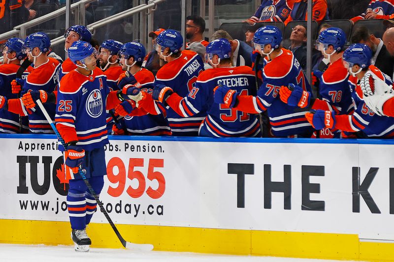 Sep 21, 2025; Edmonton, Alberta, CAN; The Edmonton Oilers celebrate a goal scored by defensemen Darnell Nurse (25) against the Calgary Flames during the second period at Rogers Place. Mandatory Credit: Perry Nelson-Imagn Images
