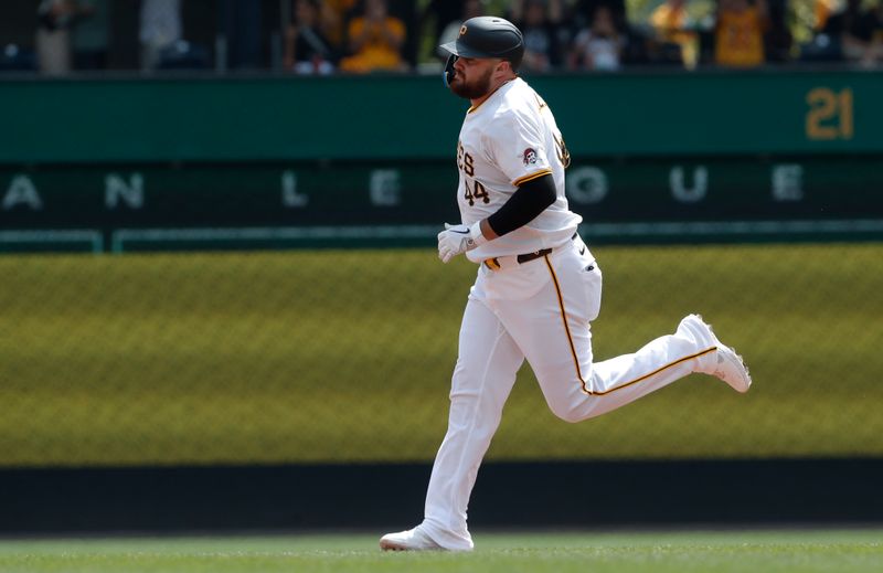 Aug 17, 2024; Pittsburgh, Pennsylvania, USA;  Pittsburgh Pirates first baseman Rowdy Tellez (44) circles the bases on a two-run home run against the Seattle Mariners during the fourth inning at PNC Park. Mandatory Credit: Charles LeClaire-USA TODAY Sports