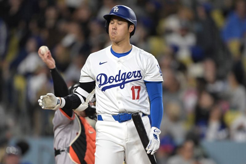 Apr 2, 2024; Los Angeles, California, USA; Los Angeles Dodgers designated hitter Shohei Ohtani (17) at bat in the third inning against the San Francisco Giants at Dodger Stadium. Mandatory Credit: Jayne Kamin-Oncea-USA TODAY Sports