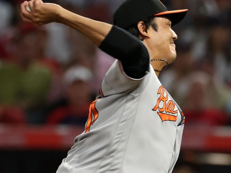 Sep 6, 2023; Anaheim, California, USA; Baltimore Orioles relief pitcher Shintaro Fujinami (14) pitches during the eighth inning against the Los Angeles Angels at Angel Stadium. Mandatory Credit: Kiyoshi Mio-USA TODAY Sports