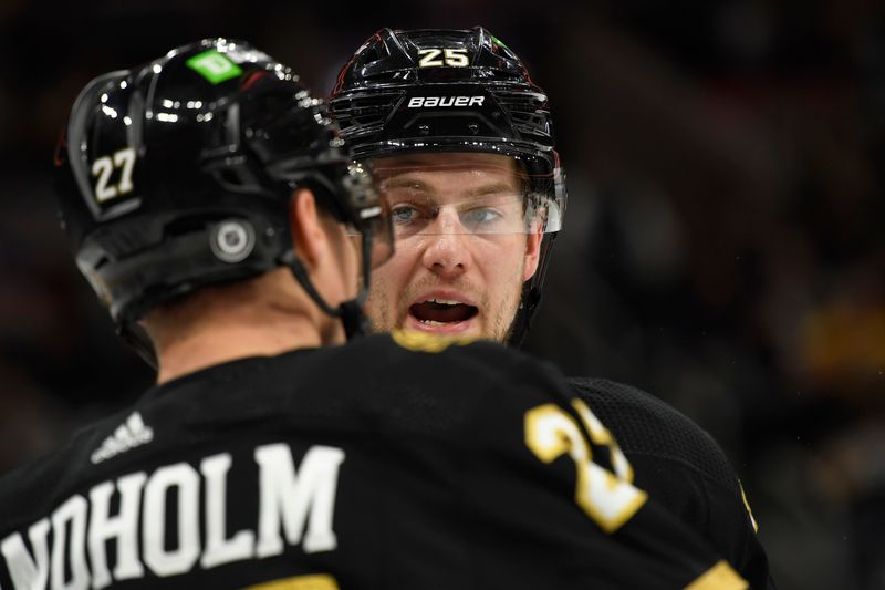 Jan 4, 2024; Boston, Massachusetts, USA; Boston Bruins defenseman Brandon Carlo (25) talks with defenseman Hampus Lindholm (27) during the second period against the Pittsburgh Penguins at TD Garden. Mandatory Credit: Bob DeChiara-USA TODAY Sports