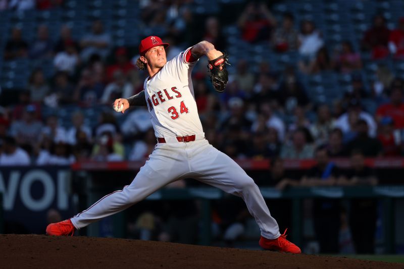 Jun 28, 2024; Anaheim, California, USA;  Los Angeles Angels starting pitcher Zach Plesac (34) pitches during the third inning against the Detroit Tigers at Angel Stadium. Mandatory Credit: Kiyoshi Mio-USA TODAY Sports