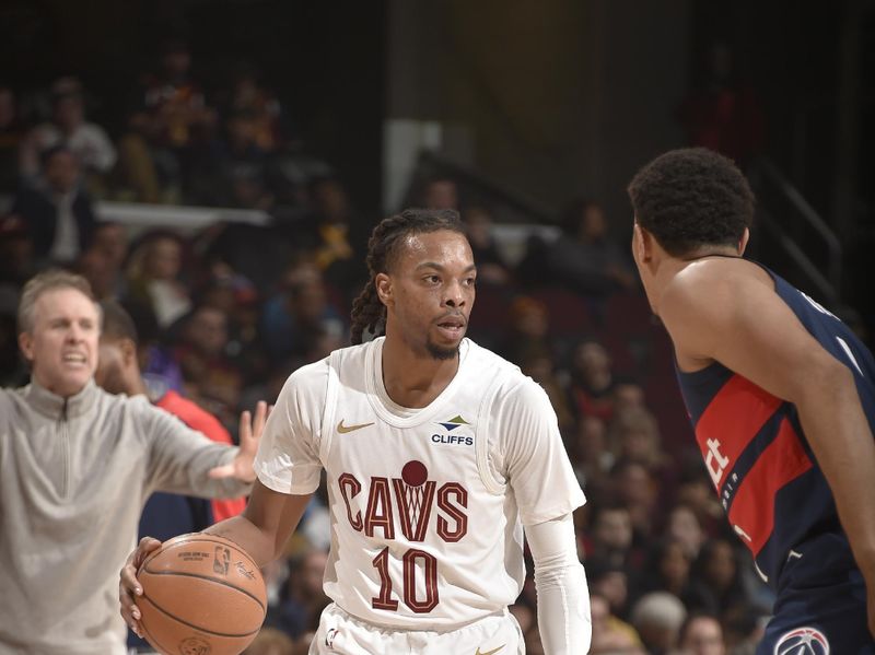 CLEVELAND, OH - DECEMBER 13: Darius Garland #10 of the Cleveland Cavaliers handles the ball during the game against the Washington Wizards on December 13, 2024 at Rocket Mortgage FieldHouse in Cleveland, Ohio. NOTE TO USER: User expressly acknowledges and agrees that, by downloading and/or using this Photograph, user is consenting to the terms and conditions of the Getty Images License Agreement. Mandatory Copyright Notice: Copyright 2024 NBAE (Photo by David Liam Kyle/NBAE via Getty Images)