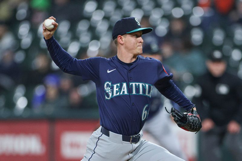 May 20, 2025; Chicago, Illinois, USA; Seattle Mariners starting pitcher Casey Legumina (64) delivers a pitch against the Chicago White Sox during the first inning at Rate Field. Mandatory Credit: Kamil Krzaczynski-Imagn Images