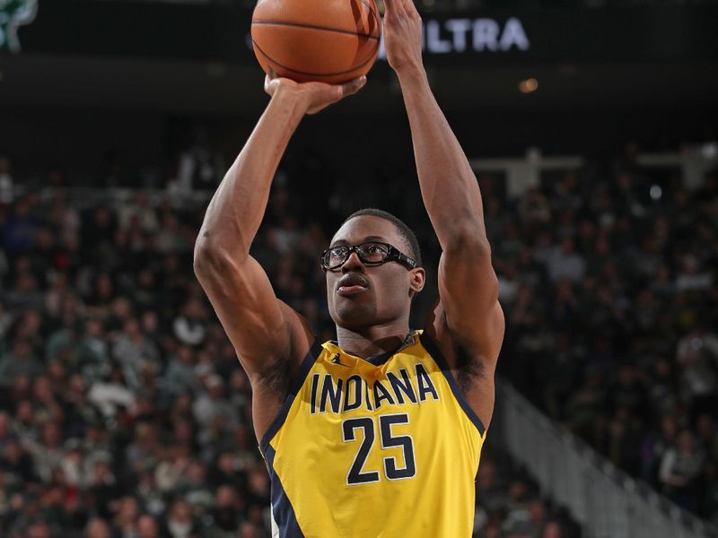 MILWAUKEE, WI - APRIL 21: Jalen Smith #25 of the Indiana Pacers shoots a free throw during the game against the Milwaukee Bucks during Round 1 Game 1 of the 2024 NBA Playoffs on April 21, 2024 at the Fiserv Forum Center in Milwaukee, Wisconsin. NOTE TO USER: User expressly acknowledges and agrees that, by downloading and or using this Photograph, user is consenting to the terms and conditions of the Getty Images License Agreement. Mandatory Copyright Notice: Copyright 2024 NBAE (Photo by Gary Dineen/NBAE via Getty Images).