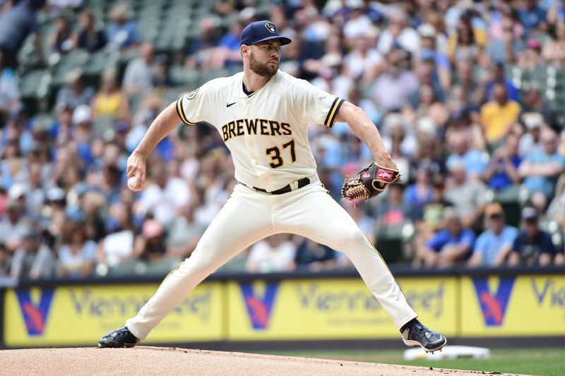 Aug 9, 2023; Milwaukee, Wisconsin, USA; Milwaukee Brewers pitcher Adrian Houser (37) pitches against the Colorado Rockies in the first inning at American Family Field. Mandatory Credit: Benny Sieu-USA TODAY Sports
