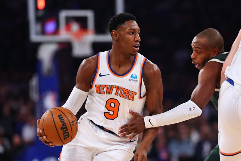 NEW YORK, NEW YORK - DECEMBER 25:  RJ Barrett #9 of the New York Knicks controls the ball during the second quarter against the Milwaukee Bucks at Madison Square Garden on December 25, 2023 in New York City.  NOTE TO USER: User expressly acknowledges and agrees that, by downloading and or using this photograph, User is consenting to the terms and conditions of the Getty Images License Agreement. (Photo by Rich Graessle/Getty Images)