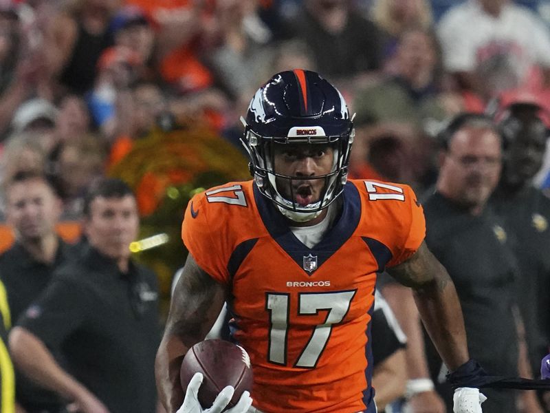 *Denver Broncos wide receiver Jalen Virgil (17) plays against the Minnesota Vikings during a NFL football game Saturday, Aug 27, 2022, in Denver. (AP Photo/Bart Young)