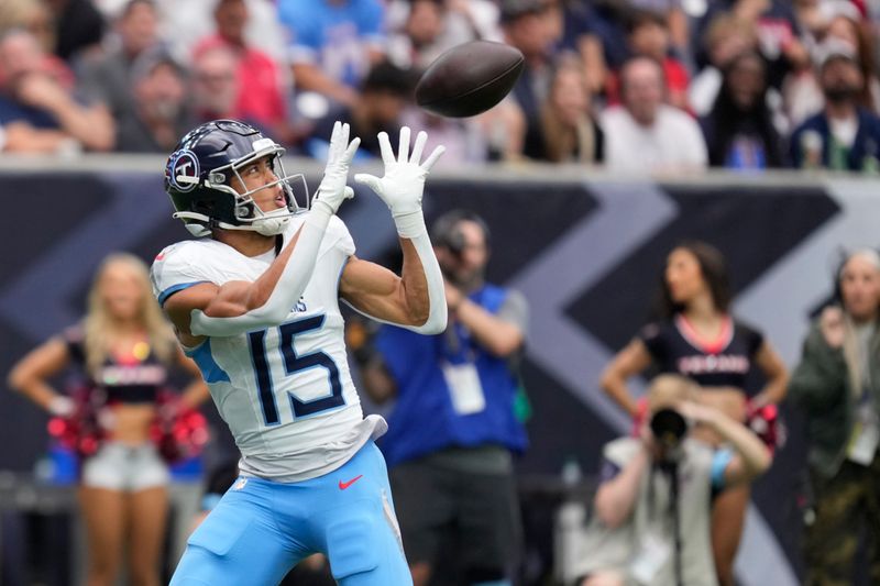 Tennessee Titans wide receiver Nick Westbrook-Ikhine (15) catches a pass for a touchdown during the first half of an NFL football game against the Houston Texans, Sunday, Nov. 24, 2024, in Houston. (AP Photo/Eric Christian Smith)