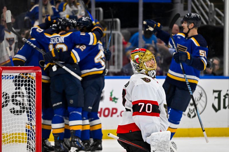 Dec 14, 2023; St. Louis, Missouri, USA;  Ottawa Senators goaltender Joonas Korpisalo (70) looks on after giving up a goal to St. Louis Blues left wing Brandon Saad (20) during the second period at Enterprise Center. Mandatory Credit: Jeff Curry-USA TODAY Sports