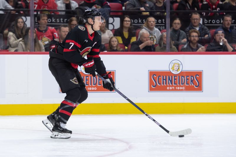 Jan 25, 2024; Ottawa, Ontario, CAN; Ottawa Senators left wing Brady Tkachuk (7) controls the puck in the second period against the Boston Bruins at Canadian Tire Centre. Mandatory Credit: Marc DesRosiers-USA TODAY Sports