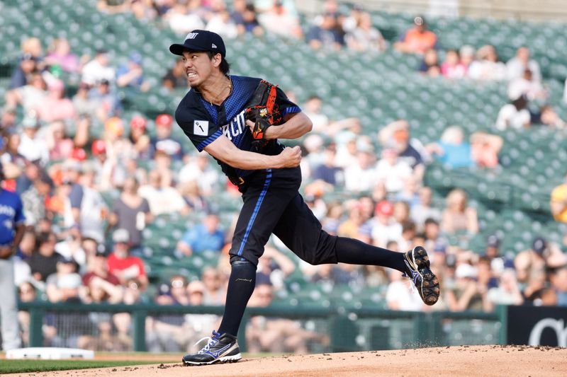 May 24, 2024; Detroit, Michigan, USA; Detroit Tigers pitcher Kenta Maeda (18) pitches during the first inning of the game against the Toronto Blue Jays at Comerica Park. Mandatory Credit: Brian Bradshaw Sevald-USA TODAY Sports