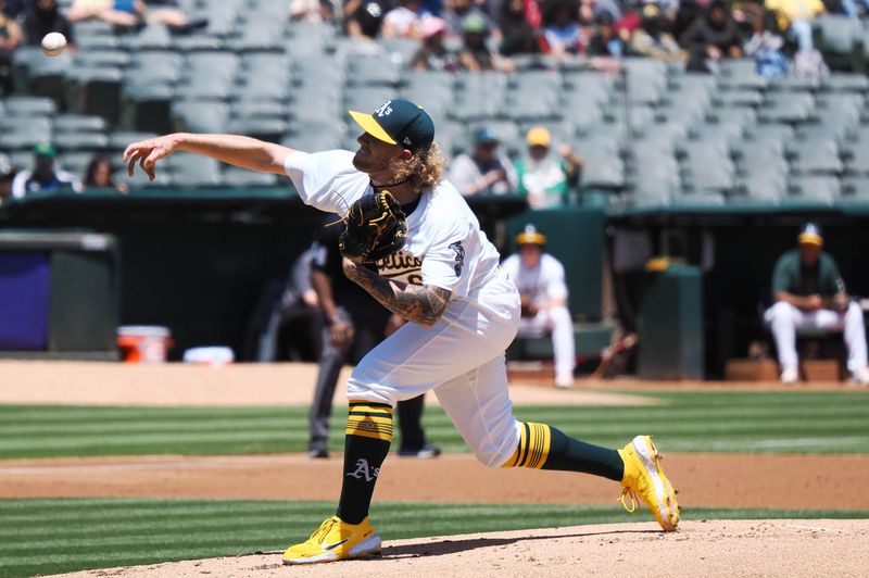 May 23, 2024; Oakland, California, USA; Oakland Athletics starting pitcher Joey Estes (68) pitches against the Colorado Rockies during the first inning at Oakland-Alameda County Coliseum. Mandatory Credit: Kelley L Cox-USA TODAY Sports