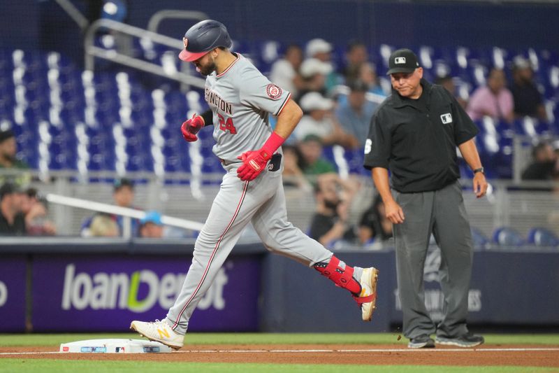 Sep 3, 2024; Miami, Florida, USA;  Washington Nationals first baseman Joey Gallo (24) rounds the bases after hitting a three-run home run during the fourth inning against the Miami Marlins at loanDepot Park. Mandatory Credit: Jim Rassol-Imagn Images.