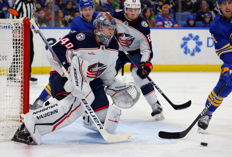 Dec 30, 2023; Buffalo, New York, USA;  Columbus Blue Jackets goaltender Daniil Tarasov (40) looks to make a save during the second period against the Buffalo Sabres at KeyBank Center. Mandatory Credit: Timothy T. Ludwig-USA TODAY Sports