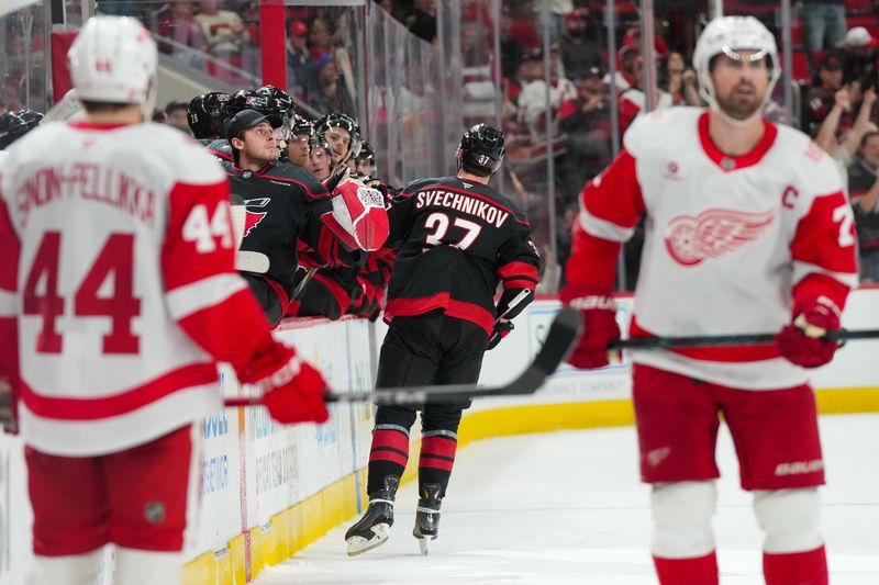 Dec 27, 2025; Raleigh, North Carolina, USA;  Carolina Hurricanes right wing Andrei Svechnikov (37) celebrates his goal against the Detroit Red Wings during the third period at Lenovo Center. Mandatory Credit: James Guillory-Imagn Images