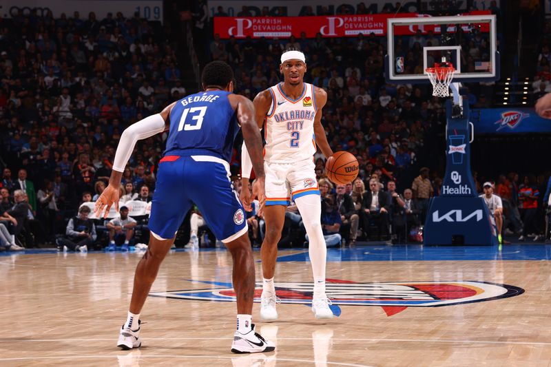 OKLAHOMA CITY, OK - FEBRUARY 22:  Shai Gilgeous-Alexander #2 of the Oklahoma City Thunder handles the ball during the game against the LA Clippers on February 22SF, 2024 at Paycom Arena in Oklahoma City, Oklahoma. NOTE TO USER: User expressly acknowledges and agrees that, by downloading and or using this photograph, User is consenting to the terms and conditions of the Getty Images License Agreement. Mandatory Copyright Notice: Copyright 2024 NBAE (Photo by Zach Beeker/NBAE via Getty Images)