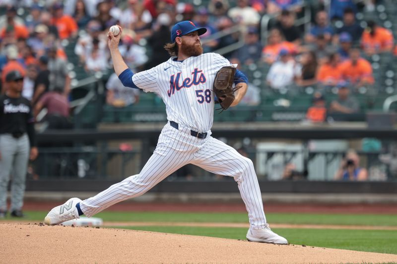 Aug 18, 2024; New York City, New York, USA; New York Mets starting pitcher Paul Blackburn (58) delivers a pitch during the first inning against the Miami Marlins at Citi Field. Mandatory Credit: Vincent Carchietta-USA TODAY Sports