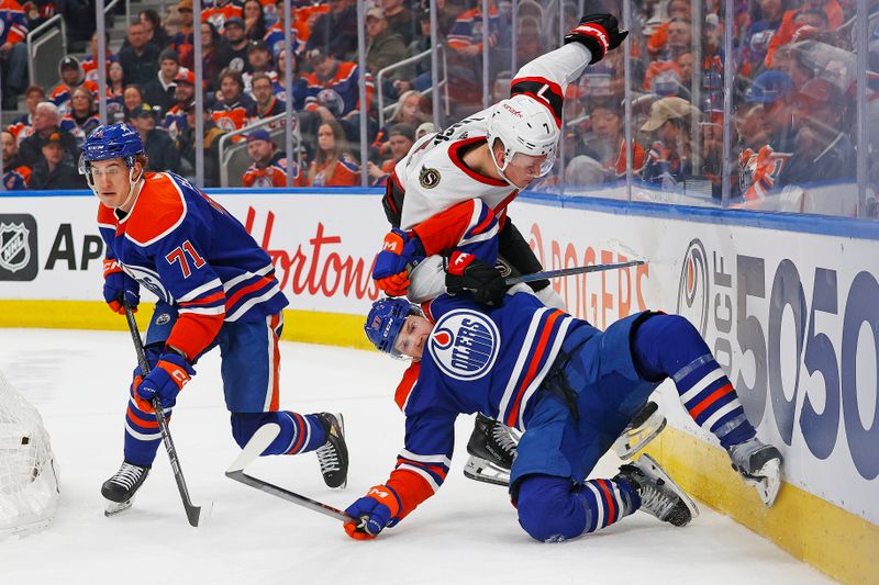 Jan 6, 2024; Edmonton, Alberta, CAN; Ottawa Senators forward Brady Tkachuk (7) pulls down Edmonton Oilers forward Warren Foegele (37) during the third period at Rogers Place. Mandatory Credit: Perry Nelson-USA TODAY Sports