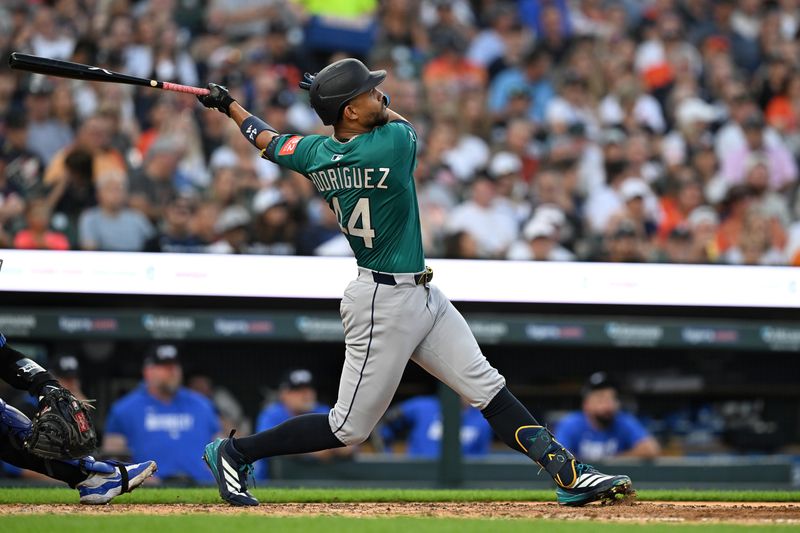 Jul 11, 2025; Detroit, Michigan, USA;  Seattle Mariners center fielder Julio Rodríguez (44) hits a two-run home run off Detroit Tigers starting pitcher Tarik Skubal (not pictured) in the fifth inning at Comerica Park. Mandatory Credit: Lon Horwedel-Imagn Images