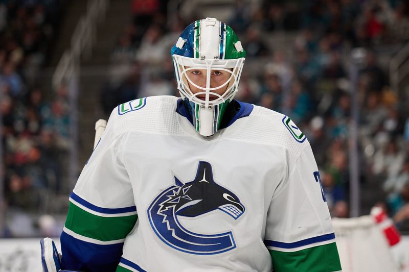 Nov 25, 2023; San Jose, California, USA; Vancouver Canucks goaltender Casey DeSmith (29) skates on the ice during a stoppage of play against the San Jose Sharks during the second period at SAP Center at San Jose. Mandatory Credit: Robert Edwards-USA TODAY Sports