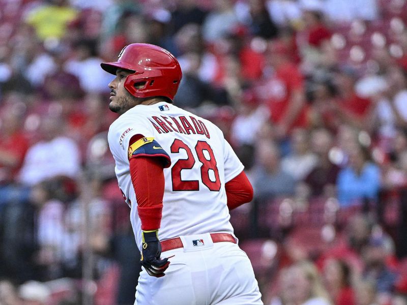 Aug 15, 2023; St. Louis, Missouri, USA;  St. Louis Cardinals third baseman Nolan Arenado (28) runs down the line after hitting a two run home run against the Oakland Athletics during the first inning at Busch Stadium. Mandatory Credit: Jeff Curry-USA TODAY Sports