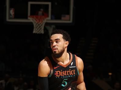 WASHINGTON, DC -? DECEMBER 26:  Tyus Jones #5 of the Washington Wizards handles the ball during the game  on December 26, 2023 at Capital One Arena in Washington, DC. NOTE TO USER: User expressly acknowledges and agrees that, by downloading and or using this Photograph, user is consenting to the terms and conditions of the Getty Images License Agreement. Mandatory Copyright Notice: Copyright 2023 NBAE (Photo by Stephen Gosling/NBAE via Getty Images)