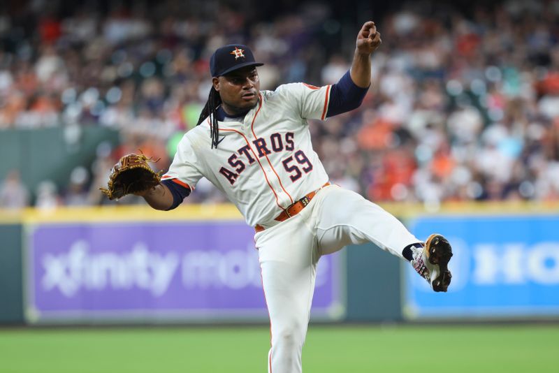 May 24, 2025; Houston, Texas, USA; Houston Astros starting pitcher Framber Valdez (59) delivers a pitch during the sixth inning against the Seattle Mariners at Daikin Park. Mandatory Credit: Troy Taormina-Imagn Images