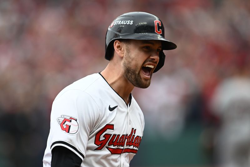 Oct 12, 2024; Cleveland, Ohio, USA; Cleveland Guardians outfielder Lane Thomas (8) runs the bases after hitting a grand slam in the fifth inning against the Detroit Tigers during game five of the ALDS for the 2024 MLB Playoffs at Progressive Field. Mandatory Credit: Ken Blaze-Imagn Images