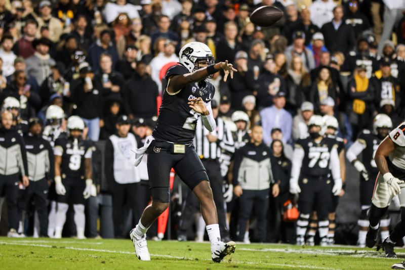 Nov 4, 2023; Boulder, Colorado, USA; Colorado Buffaloes quarterback Shedeur Sanders (2) pass the ball against the Oregon State Beavers at Folsom Field. Mandatory Credit: Chet Strange-USA TODAY Sports