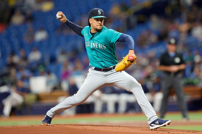 Sep 7, 2023; St. Petersburg, Florida, USA; Seattle Mariners starting pitcher Luis Castillo (58) throws a pitch against the Tampa Bay Rays in the first inning at Tropicana Field. Mandatory Credit: Nathan Ray Seebeck-USA TODAY Sports