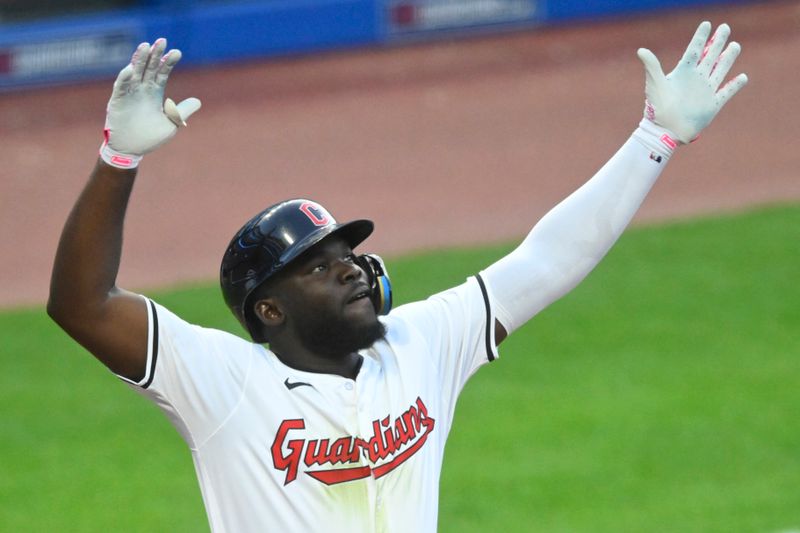 Aug 14, 2024; Cleveland, Ohio, USA; Cleveland Guardians right fielder Jhonkensy Noel (43) celebrates his three-run home run in the fourth inning against the Chicago Cubs at Progressive Field. Mandatory Credit: David Richard-USA TODAY Sports