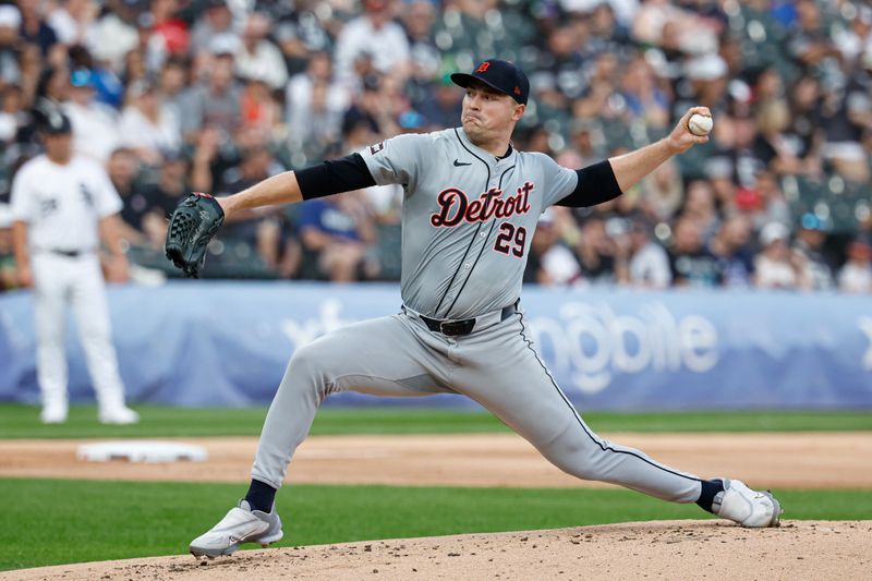 Aug 24, 2024; Chicago, Illinois, USA; Detroit Tigers starting pitcher Tarik Skubal (29) delivers a pitch against the Chicago White Sox during the first inning at Guaranteed Rate Field. Mandatory Credit: Kamil Krzaczynski-USA TODAY Sports