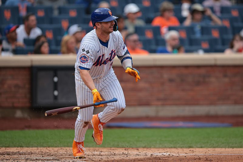 Aug 18, 2024; New York City, New York, USA;  New York Mets first baseman Pete Alonso (20) singles during the fourth inning against the Miami Marlins at Citi Field. Mandatory Credit: Vincent Carchietta-USA TODAY Sports