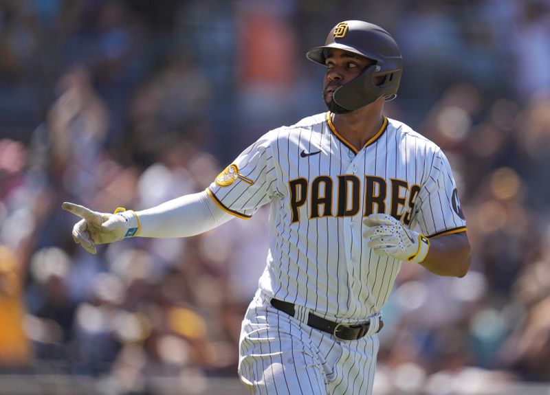 Aug 23, 2023; San Diego, California, USA;  San Diego Padres shortstop Xander Bogaerts (2) reacts to his two run home run against the Miami Marlins during the sixth inning at Petco Park. Mandatory Credit: Ray Acevedo-USA TODAY Sports