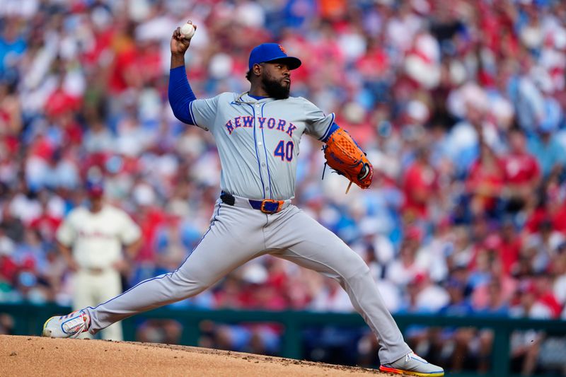 Sep 14, 2024; Philadelphia, Pennsylvania, USA; New York Mets pitcher Luis Severino (40) delivers a pitch against the Philadelphia Phillies during the first inning at Citizens Bank Park. Mandatory Credit: Gregory Fisher-Imagn Images