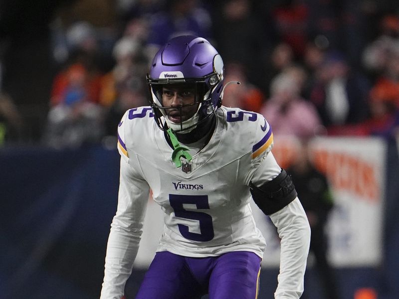 Minnesota Vikings cornerback Mekhi Blackmon (5) against the Denver Broncos of an NFL football game Sunday November 19, 2023, in Denver. (AP Photo/Bart Young)