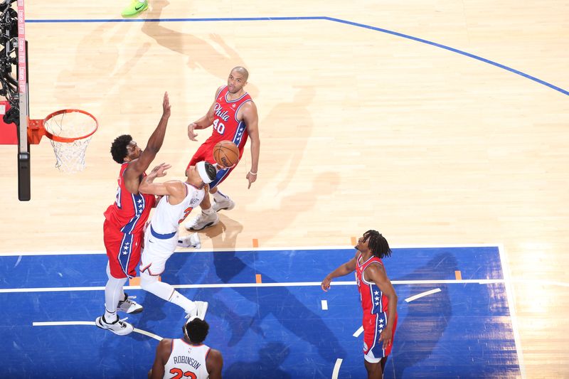 NEW YORK, NY - APRIL 20:  Josh Hart #3 of the New York Knicks goes to the basket during the game against the Philadelphia 76ers during Round 1 Game 1 of the 2024 NBA Playoffs on April 20, 2024 at Madison Square Garden in New York City, New York.  NOTE TO USER: User expressly acknowledges and agrees that, by downloading and or using this photograph, User is consenting to the terms and conditions of the Getty Images License Agreement. Mandatory Copyright Notice: Copyright 2024 NBAE  (Photo by Nathaniel S. Butler/NBAE via Getty Images)