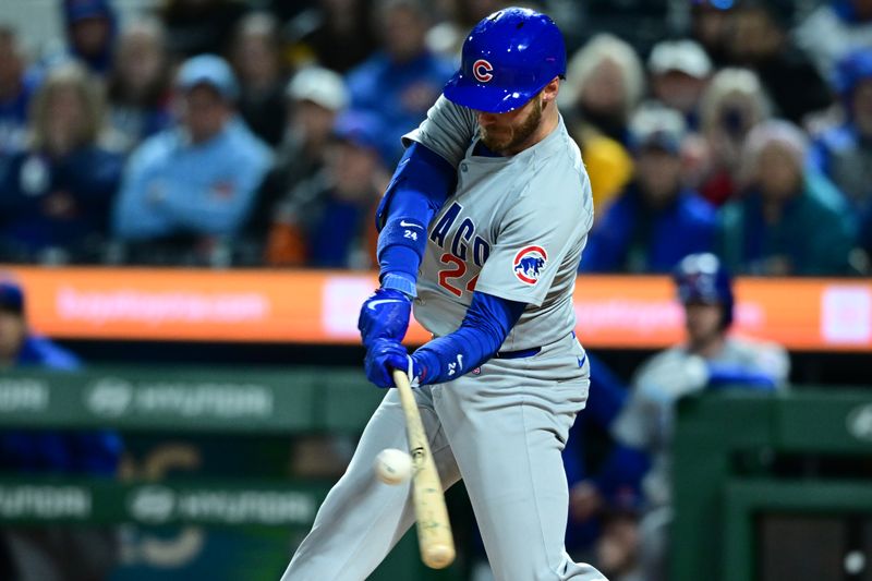 May 10, 2024; Pittsburgh, Pennsylvania, USA; Chicago Cubs designated hitter Cody Ballinger (24) hits a double in the eighth inning against the Pittsburgh Pirates at PNC Park. Mandatory Credit: David Dermer-USA TODAY Sports