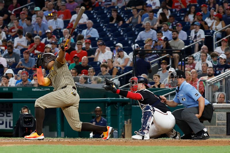 Jul 24, 2024; Washington, District of Columbia, USA; San Diego Padres second baseman Xander Bogaerts (2) singles against the Washington Nationals during the fifth inning at Nationals Park. Mandatory Credit: Geoff Burke-USA TODAY Sports