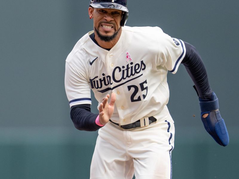 May 14, 2023; Minneapolis, Minnesota, USA; Minnesota Twins designated hitter Byron Buxton (25) scores against the Chicago Cubs at Target Field. Mandatory Credit: Matt Blewett-USA TODAY Sports