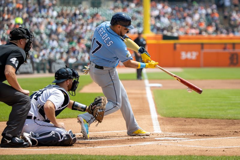 Aug 5, 2023; Detroit, Michigan, USA; Tampa Bay Rays third baseman Isaac Paredes (17) swings and makes contact against the Detroit Tigers in the first inning at Comerica Park. Mandatory Credit: David Reginek-USA TODAY Sports